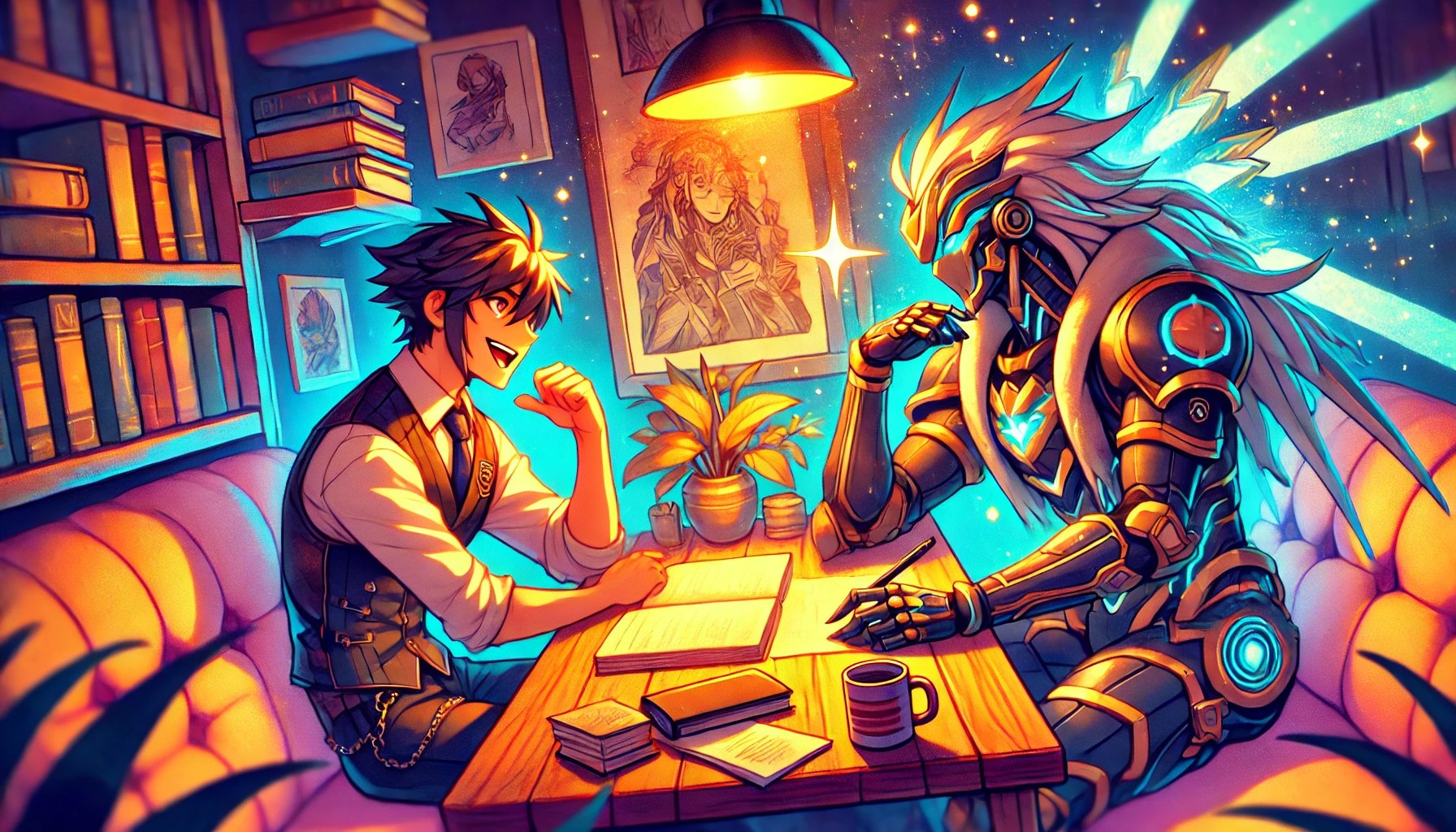 DALL·E 2025-01-14 08.06.58 - A vibrant and playful blog banner featuring two original characters inspired by various genres sitting across from each other at a cozy table. One cha